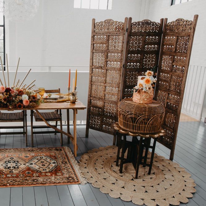 Brown, rust, orange and mustard wedding decor for 70s Disco theme