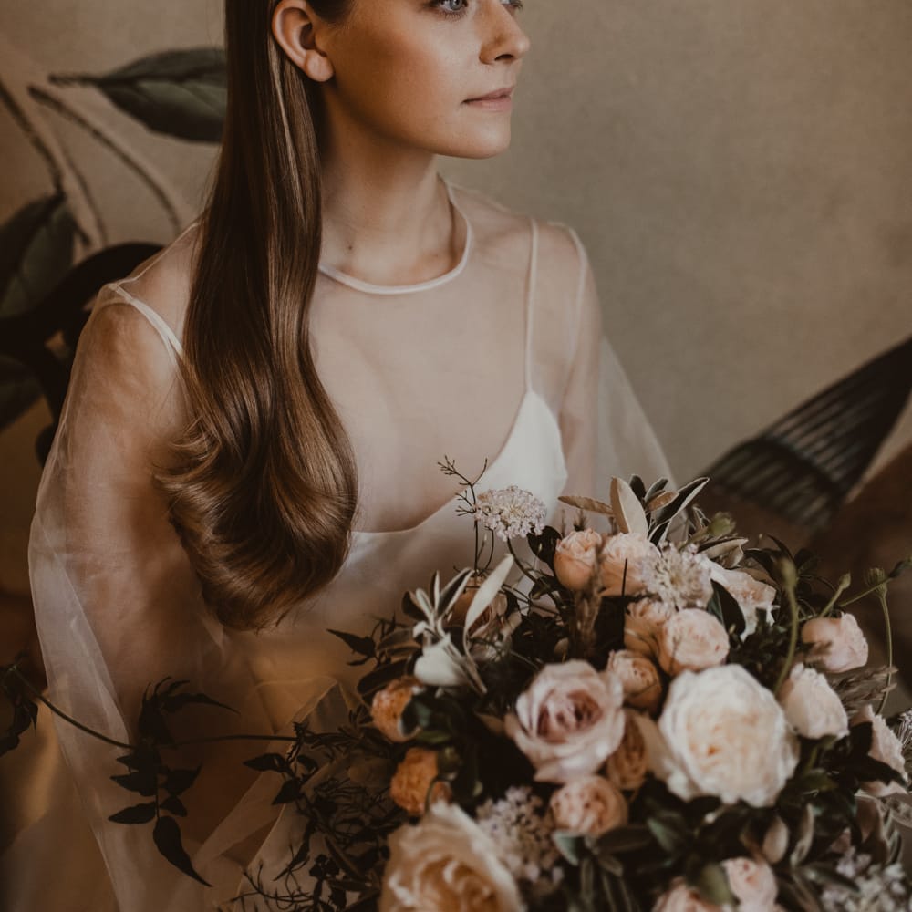 Beautiful Bride in Sheer Front &amp; Sleeved Wedding Dress and Gold Hair Band | Romantic Pink and Gold Wedding Inspiration in a Modern Summer House at Garthmyl Hall by KnockKnockPenny Studio | Nesta Lloyd Photography