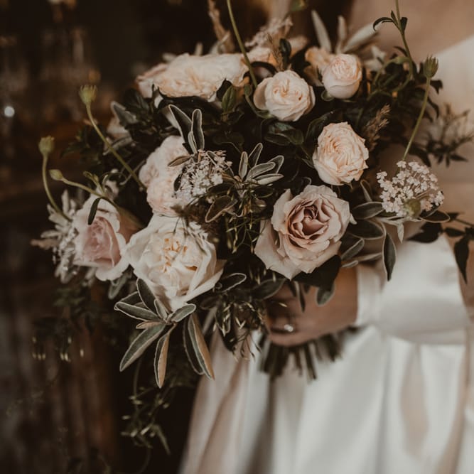 Romantic Pink Roses &amp; Foliage Wedding Bouquet | Romantic Pink and Gold Wedding Inspiration in a Modern Summer House at Garthmyl Hall by KnockKnockPenny Studio | Nesta Lloyd Photography