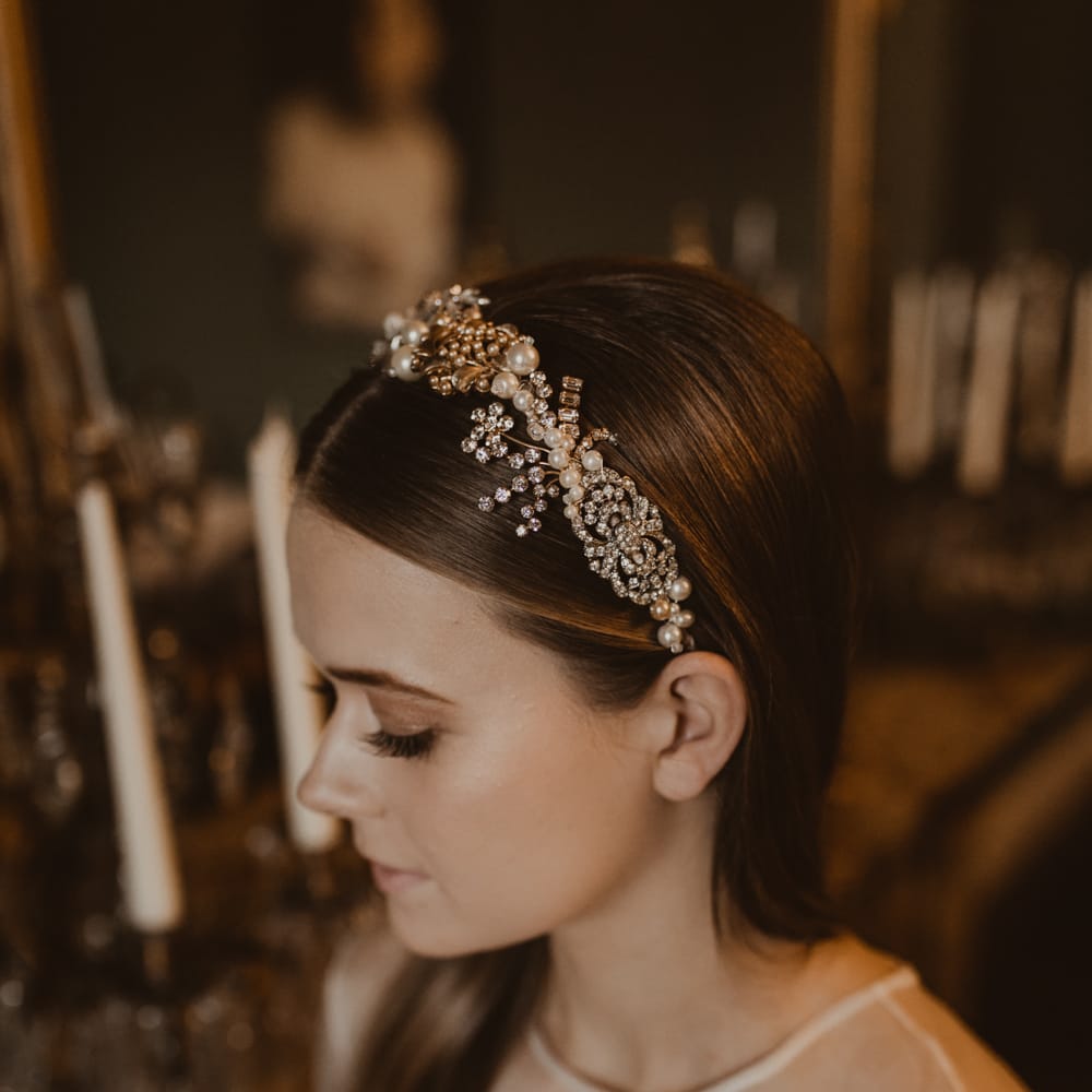 Intricate Gold &amp; Sparkle Bridal Headdress | Romantic Pink and Gold Wedding Inspiration in a Modern Summer House at Garthmyl Hall by KnockKnockPenny Studio | Nesta Lloyd Photography