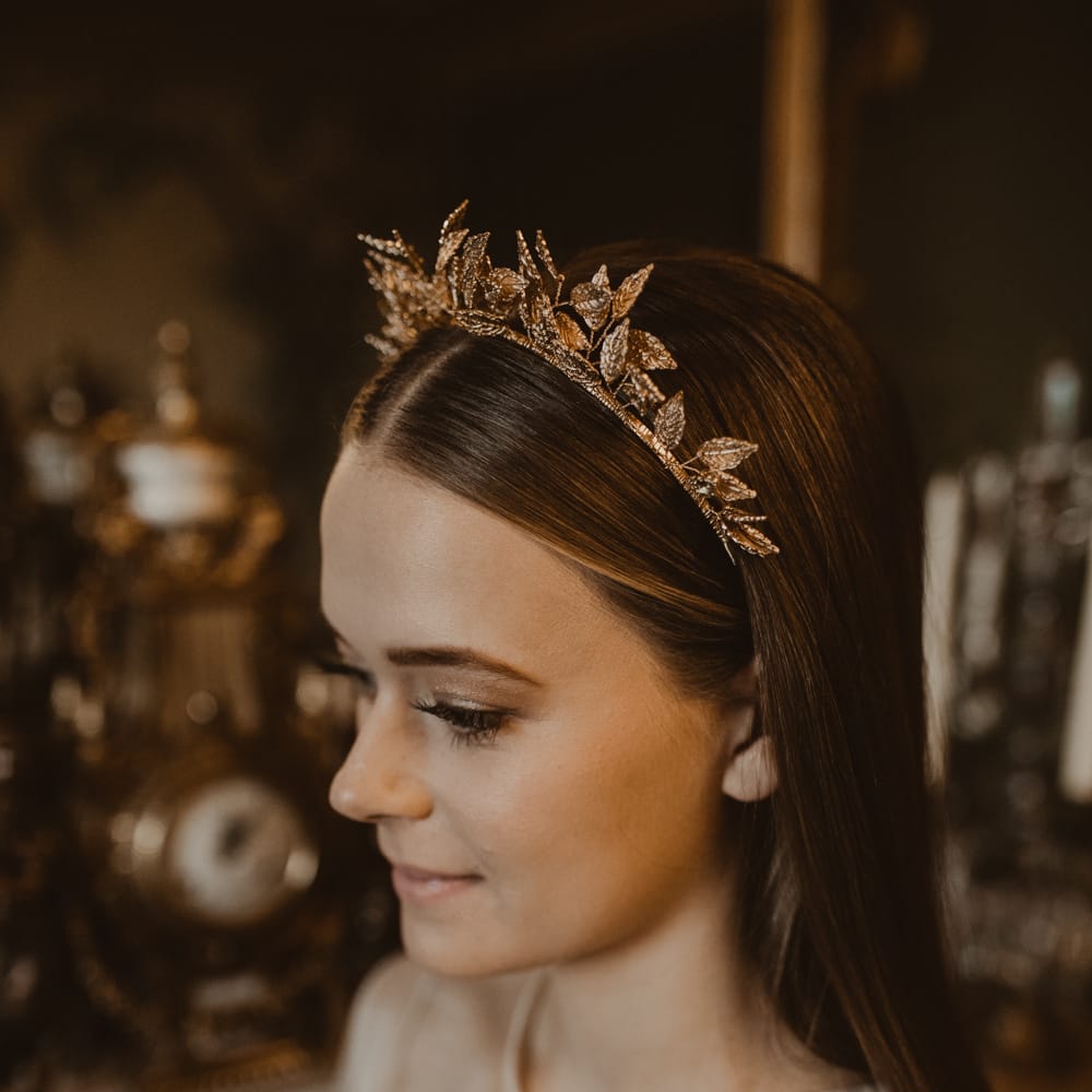Luxe Gold Leaf Bridal Hair Accessory | Romantic Pink and Gold Wedding Inspiration in a Modern Summer House at Garthmyl Hall by KnockKnockPenny Studio | Nesta Lloyd Photography