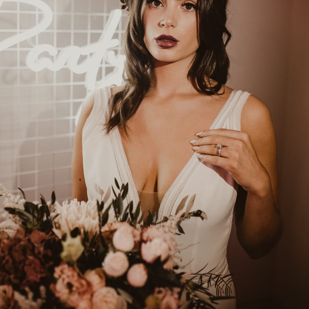 Bride in V Neck Front Wedding Dress | Romantic Pink and Gold Wedding Inspiration in a Modern Summer House at Garthmyl Hall by KnockKnockPenny Studio | Nesta Lloyd Photography