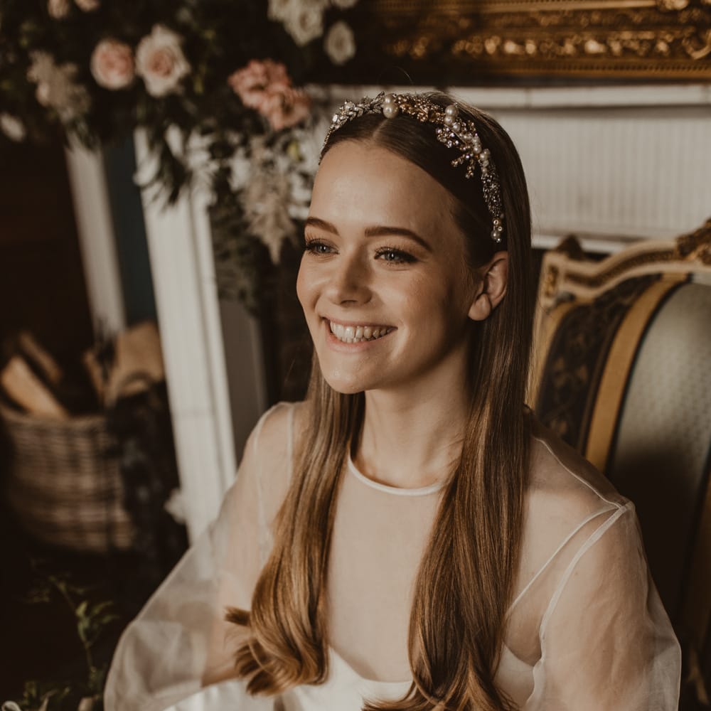 Beautiful Bride in Sheer Front &amp; Long Sleeved Wedding Dress with Gold Hair Band | Romantic Pink and Gold Wedding Inspiration in a Modern Summer House at Garthmyl Hall by KnockKnockPenny Studio | Nesta Lloyd Photography