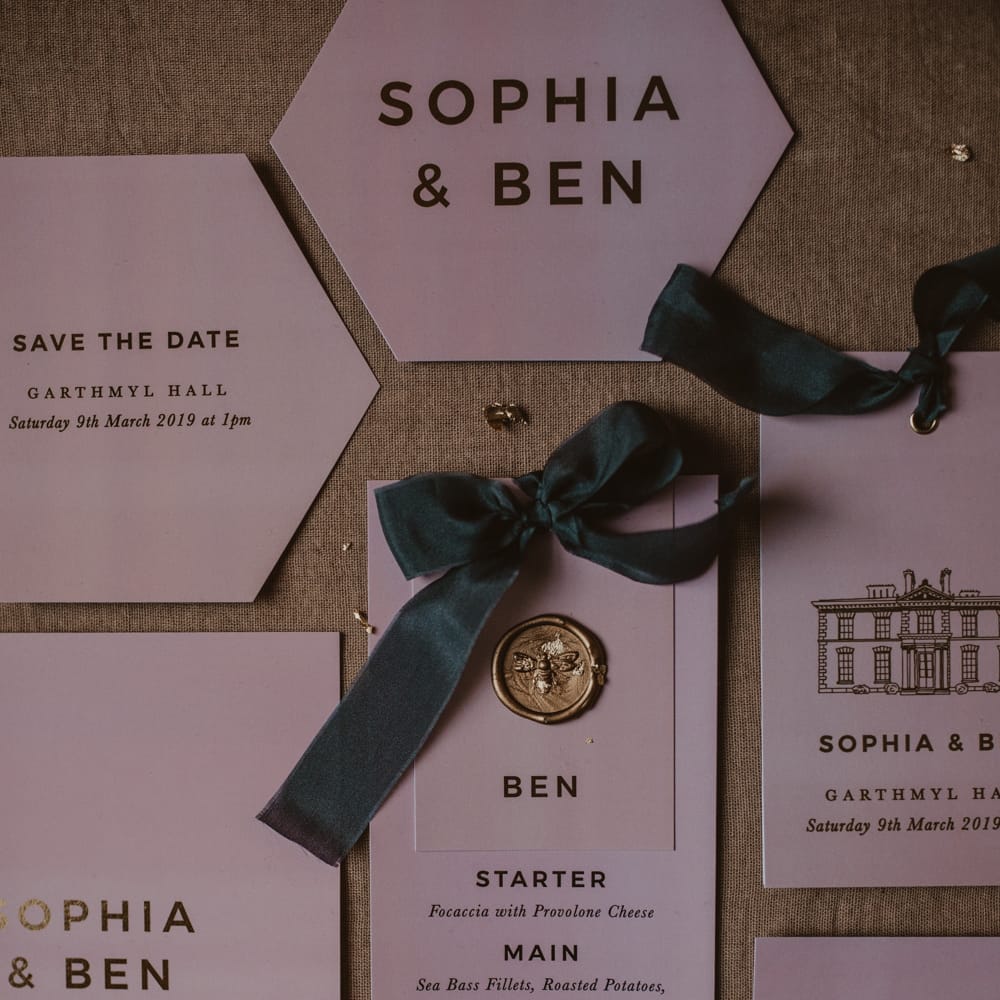 Pink &amp; Gold Foil with Wax Seals Wedding Stationery Suite by Knockknockpenny Studio | Romantic Pink and Gold Wedding Inspiration in a Modern Summer House at Garthmyl Hall by KnockKnockPenny Studio | Nesta Lloyd Photography