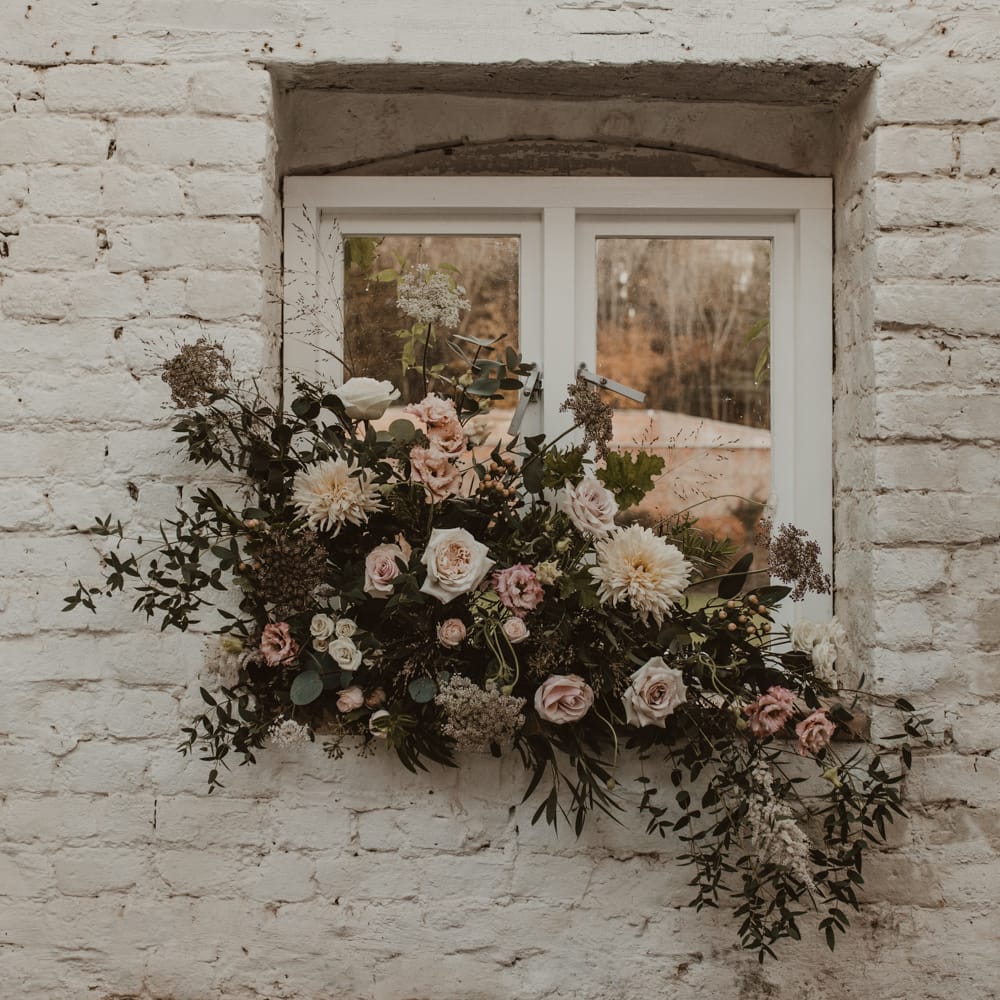 Romantic Floral Arrangement with Pink Roses, Dahlias, Hydrangeas &amp; Foliage | Romantic Pink and Gold Wedding Inspiration in a Modern Summer House at Garthmyl Hall by KnockKnockPenny Studio | Nesta Lloyd Photography