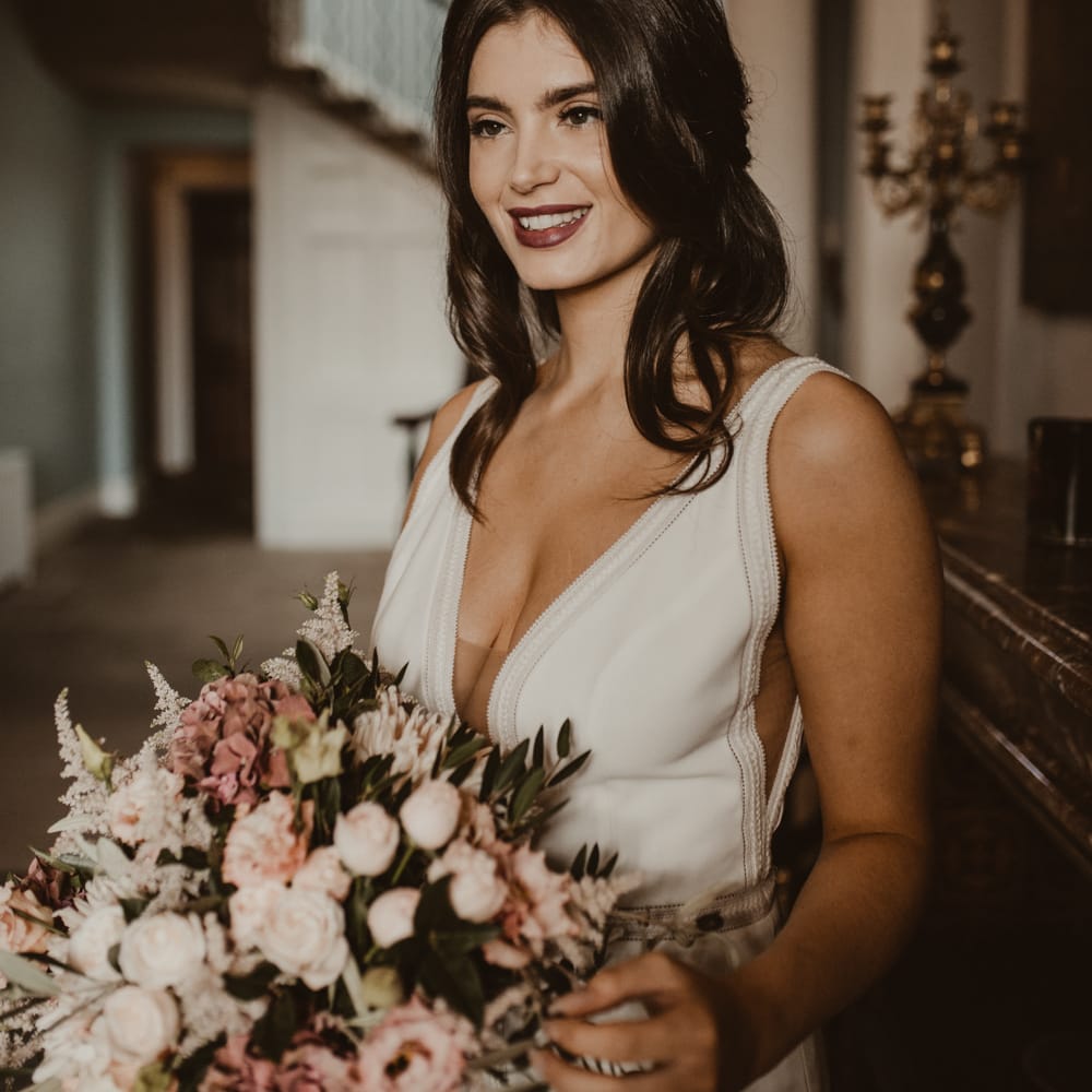 Beautiful Bride in V Neck Strap Wedding Dress with Front Split | Romantic Pink and Gold Wedding Inspiration in a Modern Summer House at Garthmyl Hall by KnockKnockPenny Studio | Nesta Lloyd Photography