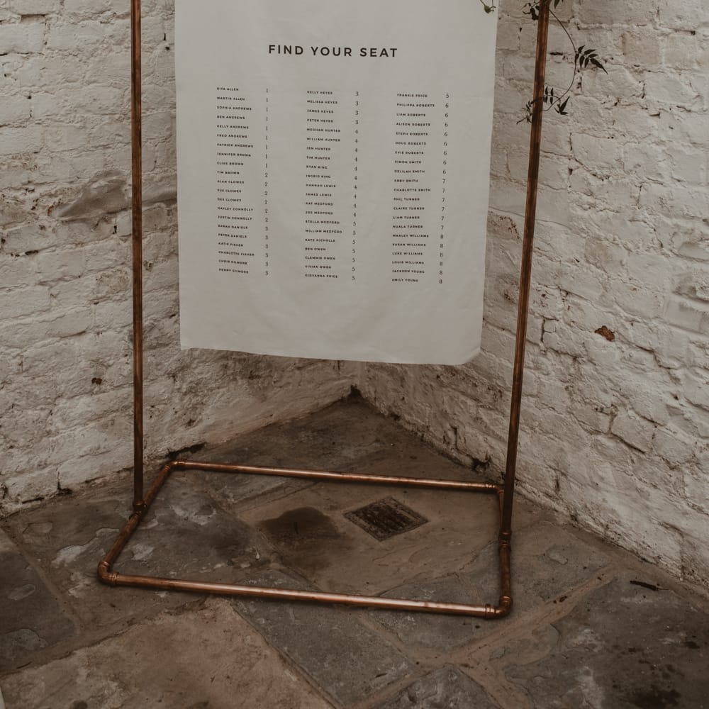Copper Frame &amp; Flag Table Plan with Floral Decor |  | Romantic Pink and Gold Wedding Inspiration in a Modern Summer House at Garthmyl Hall by KnockKnockPenny Studio | Nesta Lloyd Photography