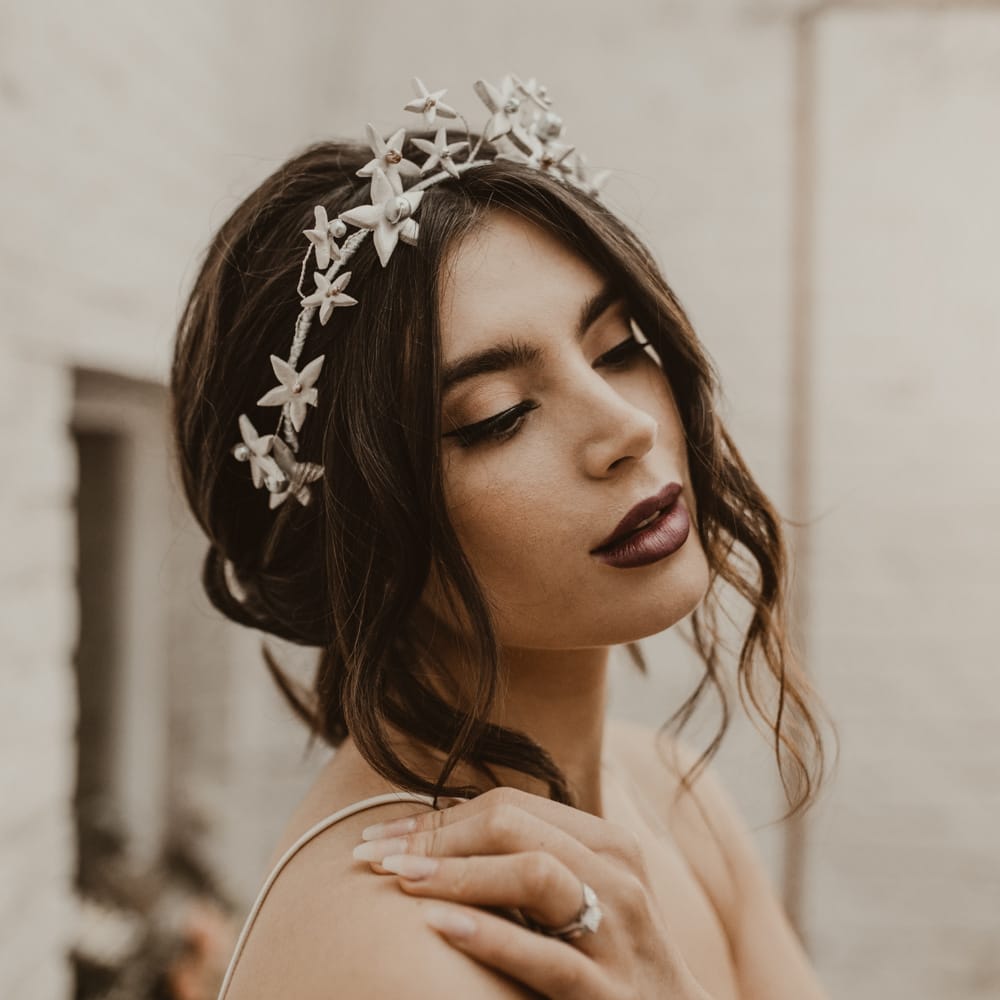 Beautiful Bride with Bridal Up Do &amp; Star Headdress |  | Romantic Pink and Gold Wedding Inspiration in a Modern Summer House at Garthmyl Hall by KnockKnockPenny Studio | Nesta Lloyd Photography
