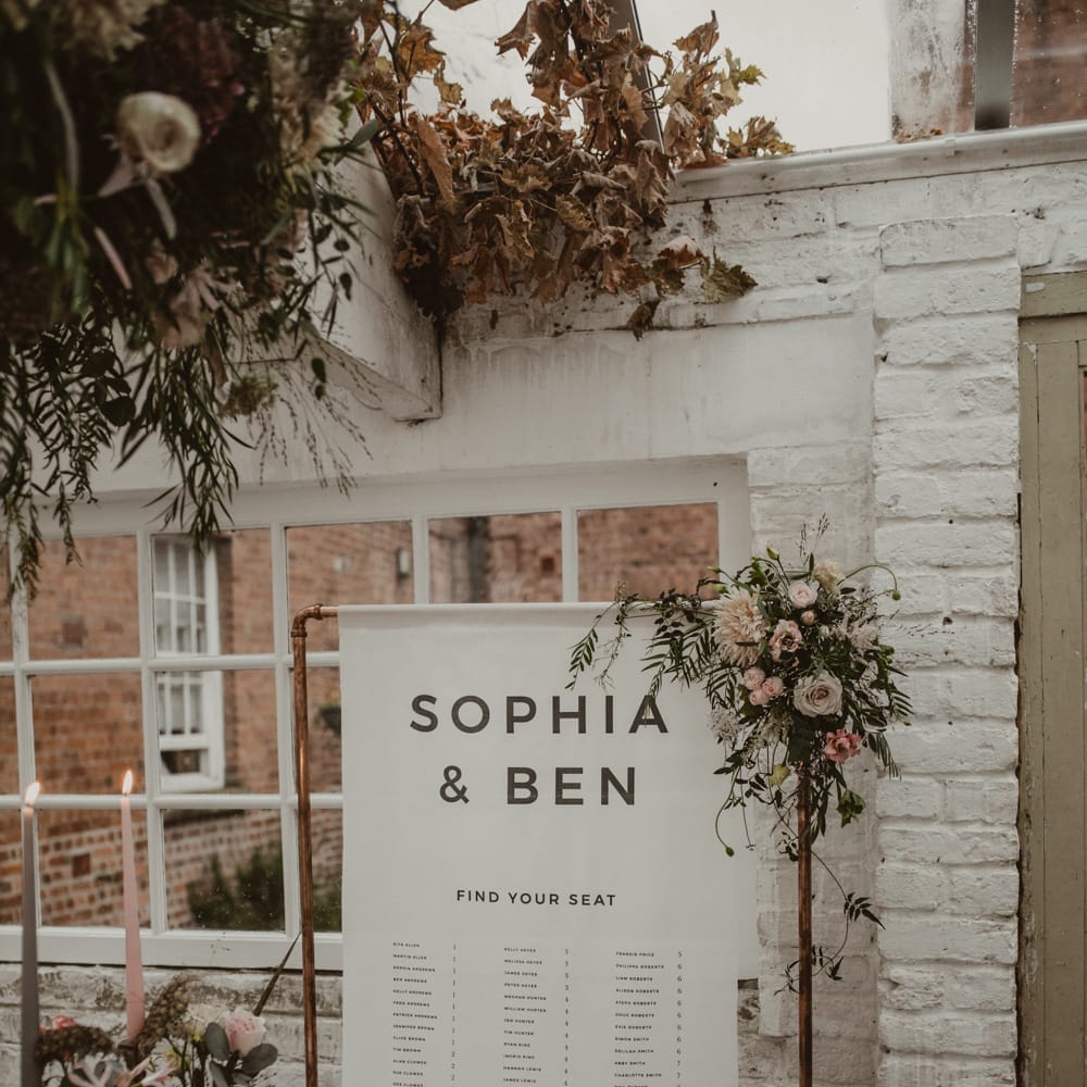 Copper Frame &amp; Flag Table Plan with Floral Decor |  | Romantic Pink and Gold Wedding Inspiration in a Modern Summer House at Garthmyl Hall by KnockKnockPenny Studio | Nesta Lloyd Photography