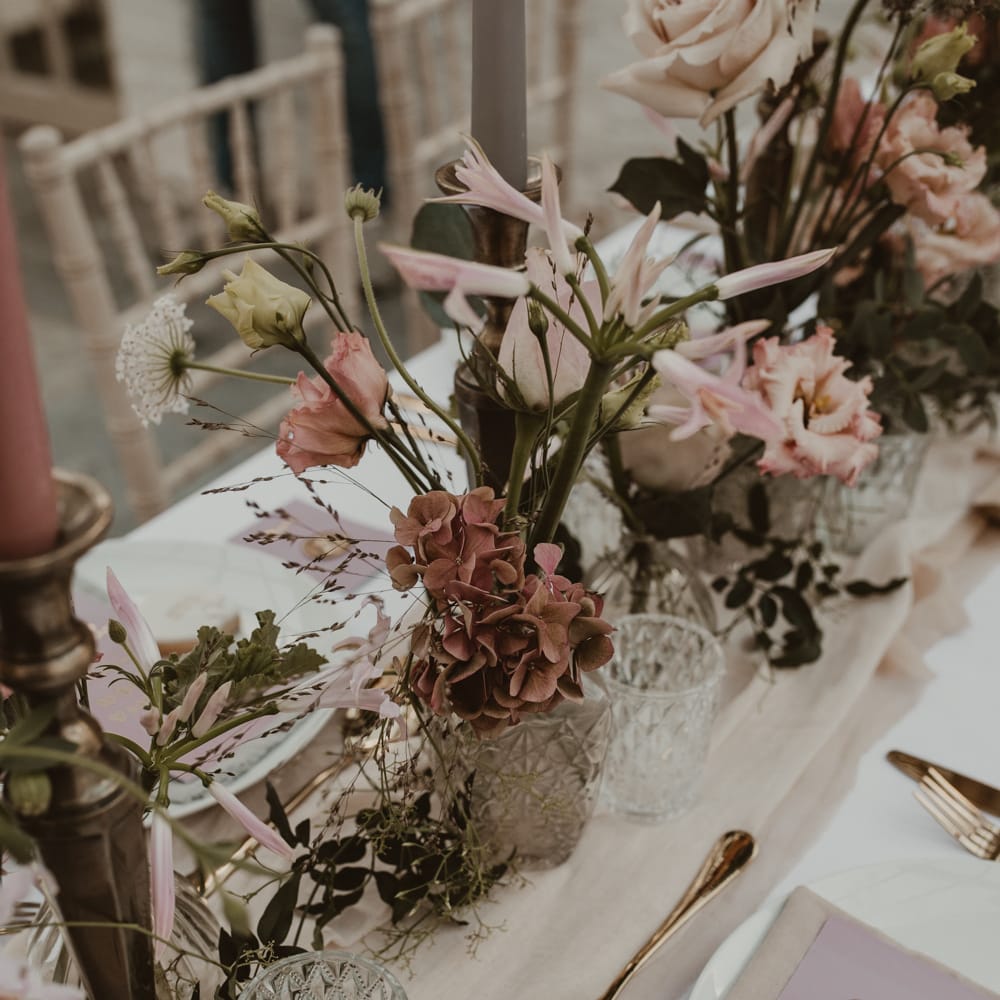 Tablescape with Blush Pink Flowers, Cut Glass Vases &amp; Gold Foil Wedding Stationery | Romantic Pink and Gold Wedding Inspiration in a Modern Summer House at Garthmyl Hall by KnockKnockPenny Studio | Nesta Lloyd Photography