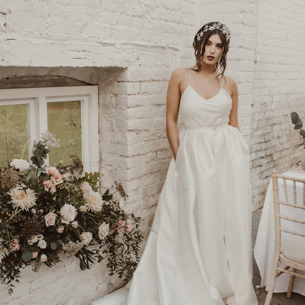 Bride in Spaghetti Strap Dress &amp; Star Headpiece  | Romantic Pink and Gold Wedding Inspiration in a Modern Summer House at Garthmyl Hall by KnockKnockPenny Studio | Nesta Lloyd Photography