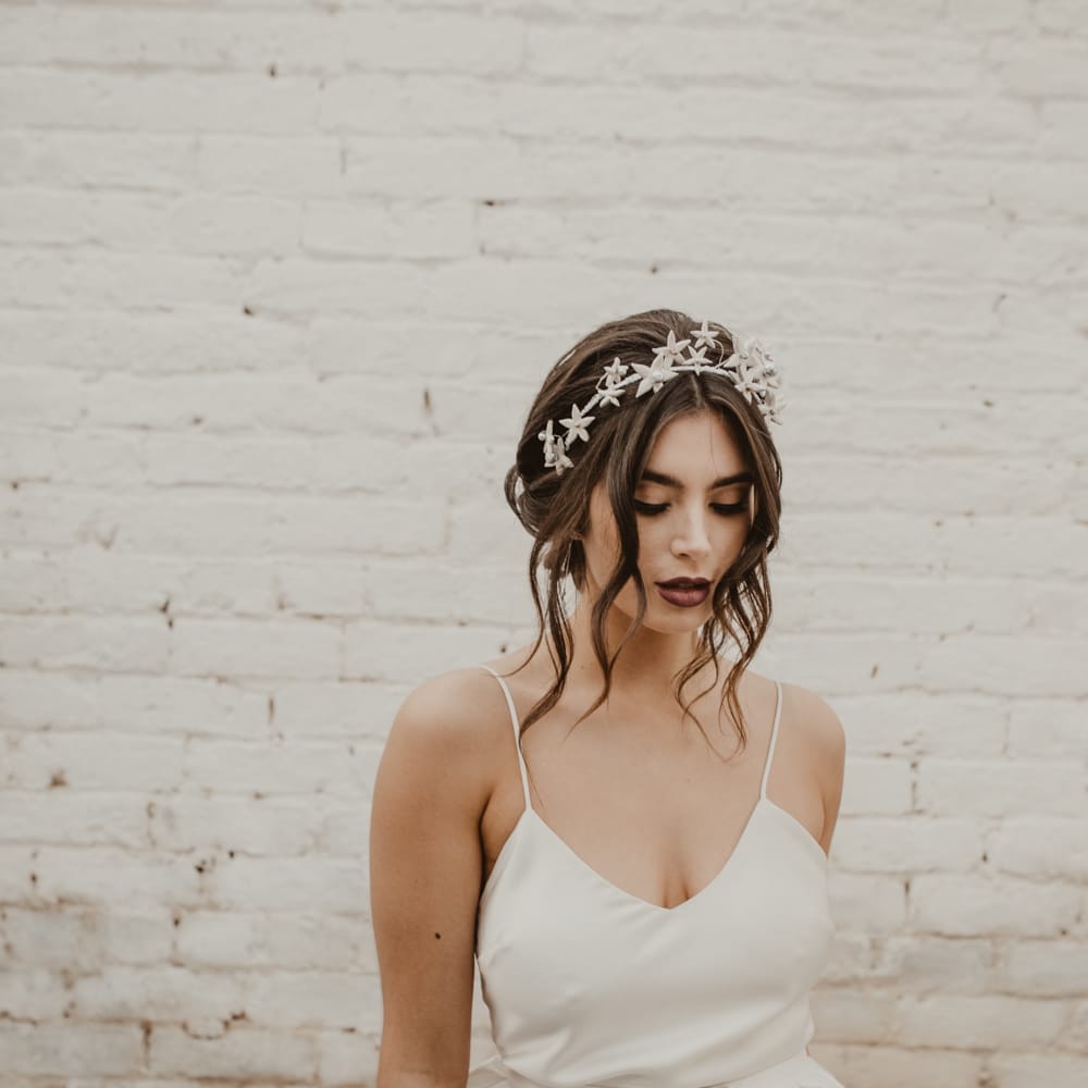 Beautiful Bride in Spaghetti Strap Dress &amp; Star Headdress |  Romantic Pink and Gold Wedding Inspiration in a Modern Summer House at Garthmyl Hall by KnockKnockPenny Studio | Nesta Lloyd Photography
