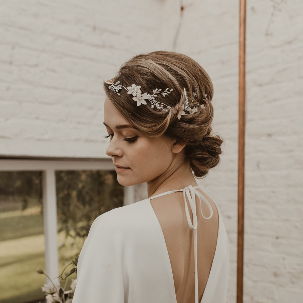 Beautiful Bride in Wrap Wedding Dress &amp; Vine Headpiece | Romantic Pink and Gold Wedding Inspiration in a Modern Summer House at Garthmyl Hall by KnockKnockPenny Studio | Nesta Lloyd Photography