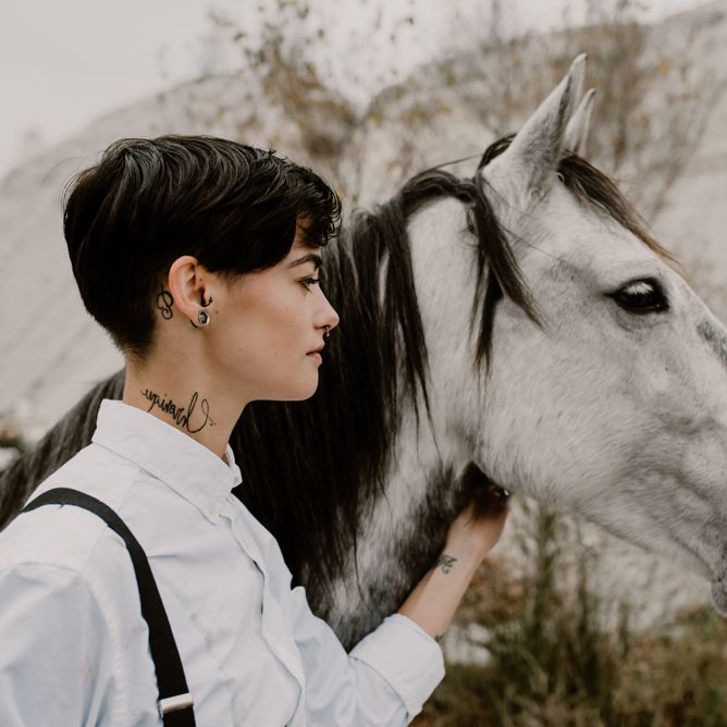 Horse | Bride in Black Trousers, White Shirt &amp; Braces | Wild Same Sex Couple Wedding Inspiration Shoot | Anne Letournel Photography