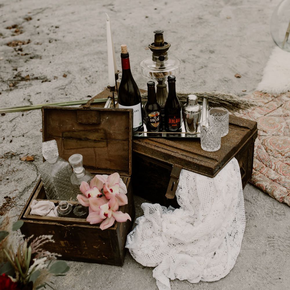 Wooden Crates, Decanters &amp; Candle Sticks Wedding Decor | Wild Same Sex Couple Wedding Inspiration Shoot | Anne Letournel Photography