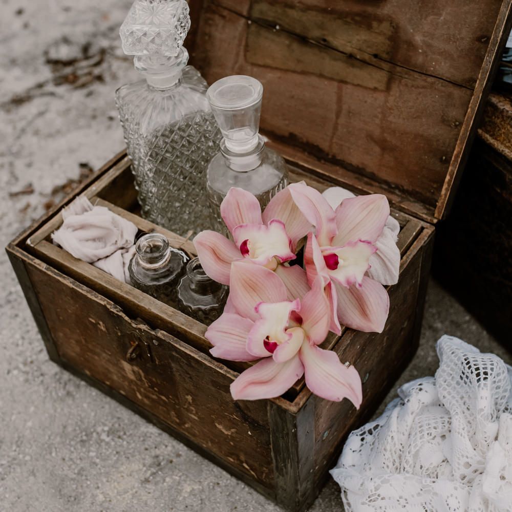 Wooden Box &amp; Glass Decanters Wedding Decor | Wild Same Sex Couple Wedding Inspiration Shoot | Anne Letournel Photography