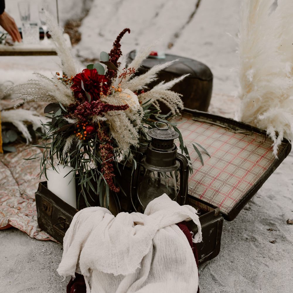 Vintage Suitcase, Linens &amp; Pampas Grass Floral Arrangement | Wild Same Sex Couple Wedding Inspiration Shoot | Anne Letournel Photography