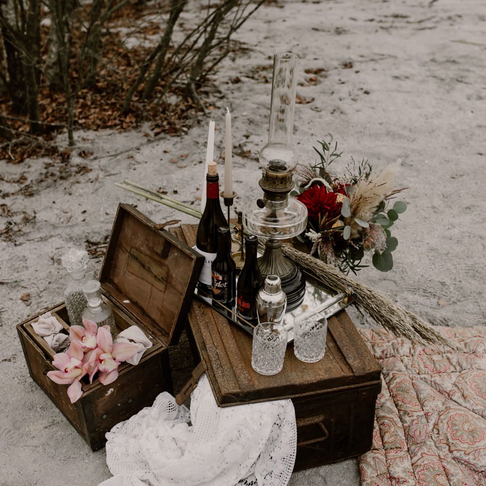 Vintage Crates, Drinks Display with Glass Decanters | Wild Same Sex Couple Wedding Inspiration Shoot | Anne Letournel Photography
