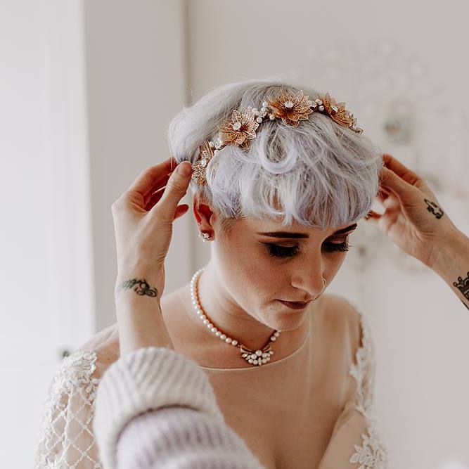 Bride with short hair in gold headdress