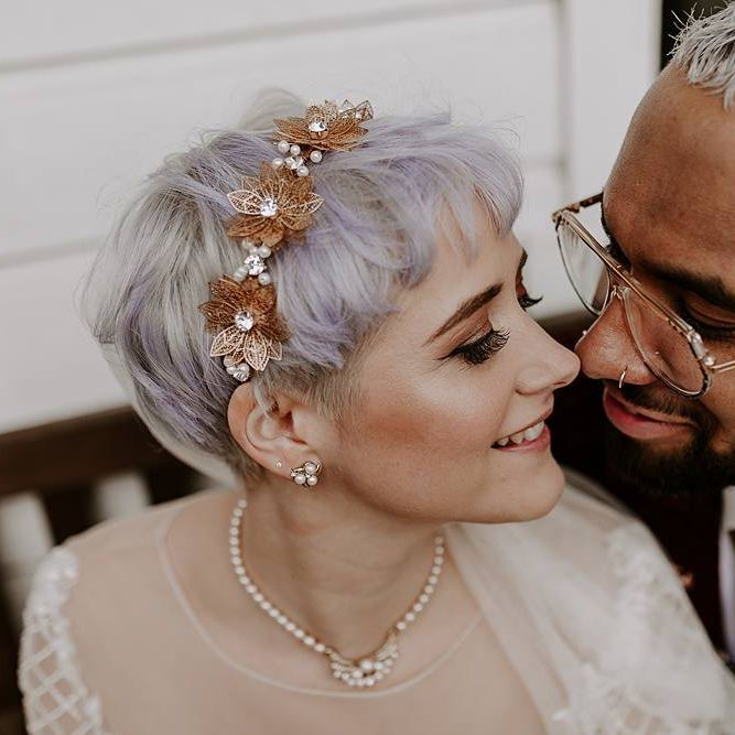 Bride with short hair wearing a gold headdress