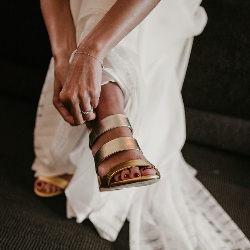 Gold Strappy Sandals | Authentic Spanish Wedding at Masia Ribas, Barcelona | Sara Lobla Photography