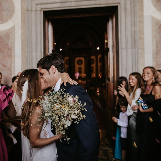 Confetti Exit | Bride in Simple &amp; Elegant Teresa Helbig Wedding Dress  | Groom in Traditional Tails | Authentic Spanish Wedding at Masia Ribas, Barcelona | Sara Lobla Photography
