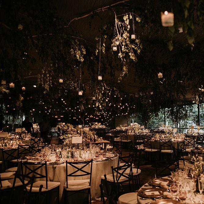 Foliage &amp; Fairy Light Wedding Reception Decor | Authentic Spanish Wedding at Masia Ribas, Barcelona | Sara Lobla Photography