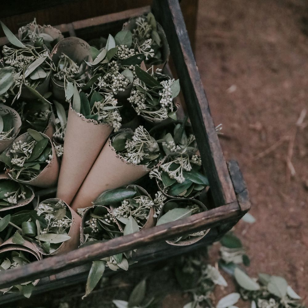 Foliage Confetti For Wedding // Bamboo Furniture For Destination Wedding In Spain With Planning From El Mono Con Sombrero With Images By AHR Photos Spanish Wedding Photography