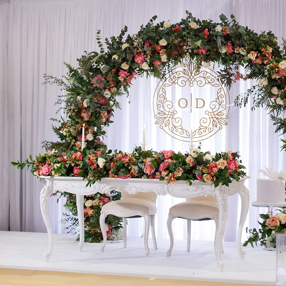 Sweetheart Table With Floral Arch Backdrop
