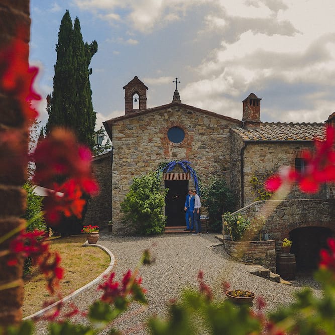 Flowers by Stiatti Fiori. Intimate Prosecco Pool Party Wedding in Tuscany. Bride wears Livio Lacurre Gown, Groom wears Beggars Run Custom Suit. Photography by Livio Lacurre.