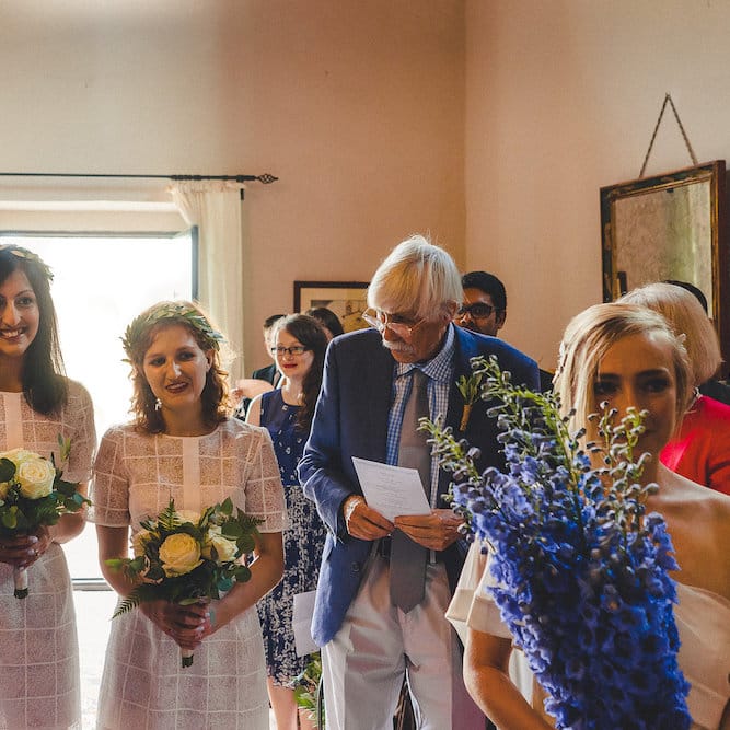 Whistles Bridesmaid Dresses. Flowers by Stiatti Fiori. Intimate Prosecco Pool Party Wedding in Tuscany. Bride wears Livio Lacurre Gown, Groom wears Beggars Run Custom Suit. Photography by Livio Lacurre.