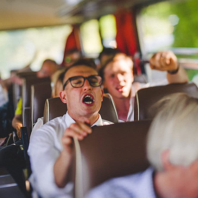 Vintage Bus Wedding Transport from Drive in Style. Intimate Prosecco Pool Party Wedding in Tuscany. Bride wears Livio Lacurre Gown, Groom wears Beggars Run Custom Suit. Photography by Livio Lacurre.