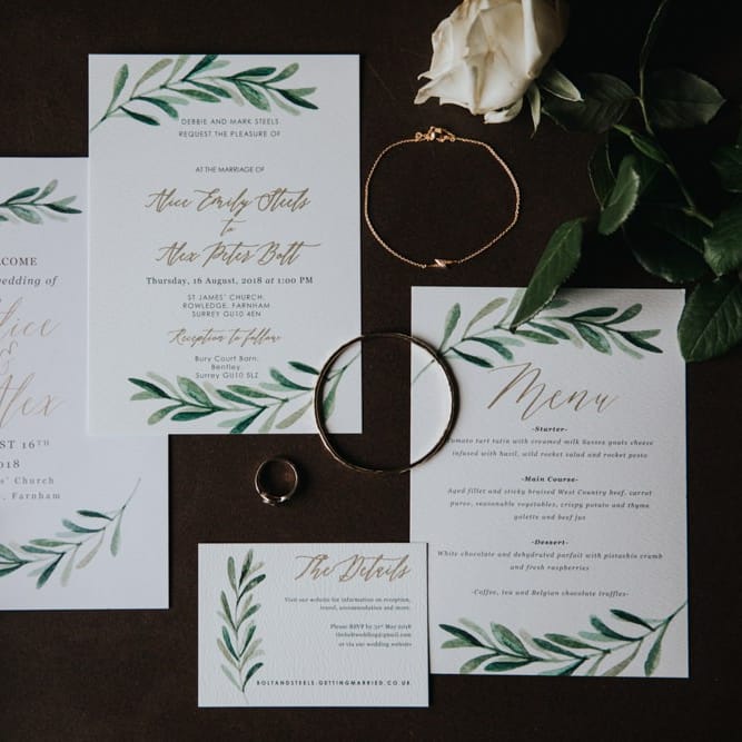 Wedding stationery for country wedding at Bury Court Barn