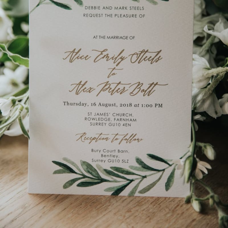 Wedding invitation at Bury Court Barn