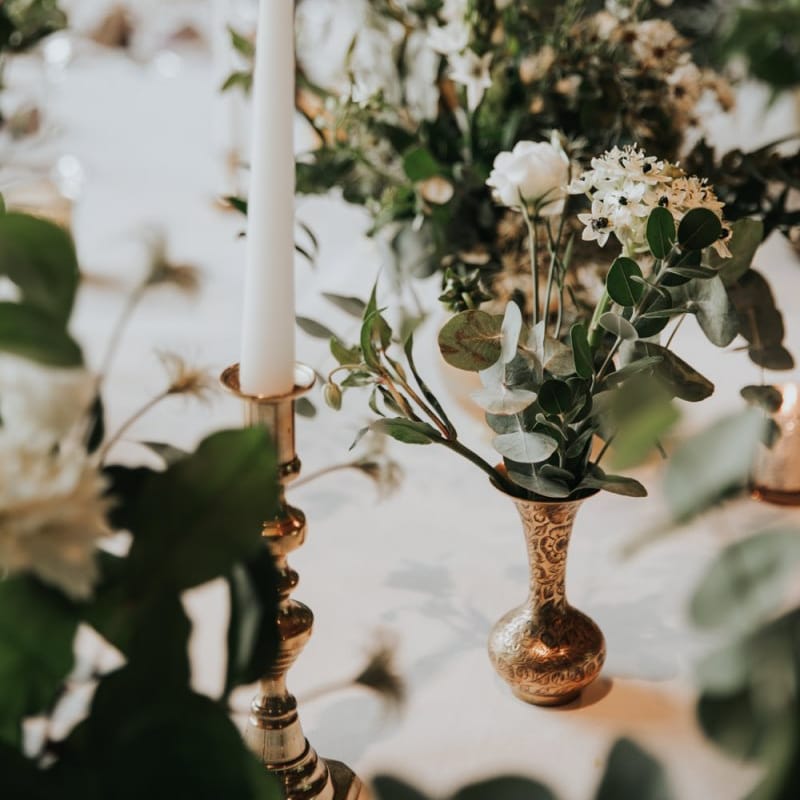 White wedding flowers at Bury Court Barn