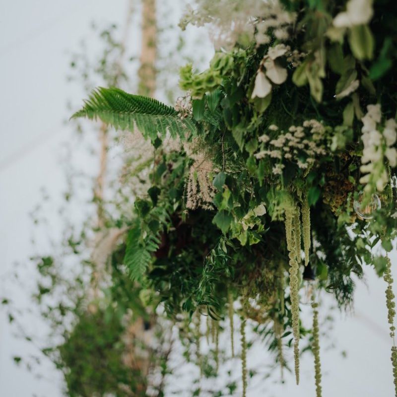 Hanging white floral foliage at Newburgh Priory reception