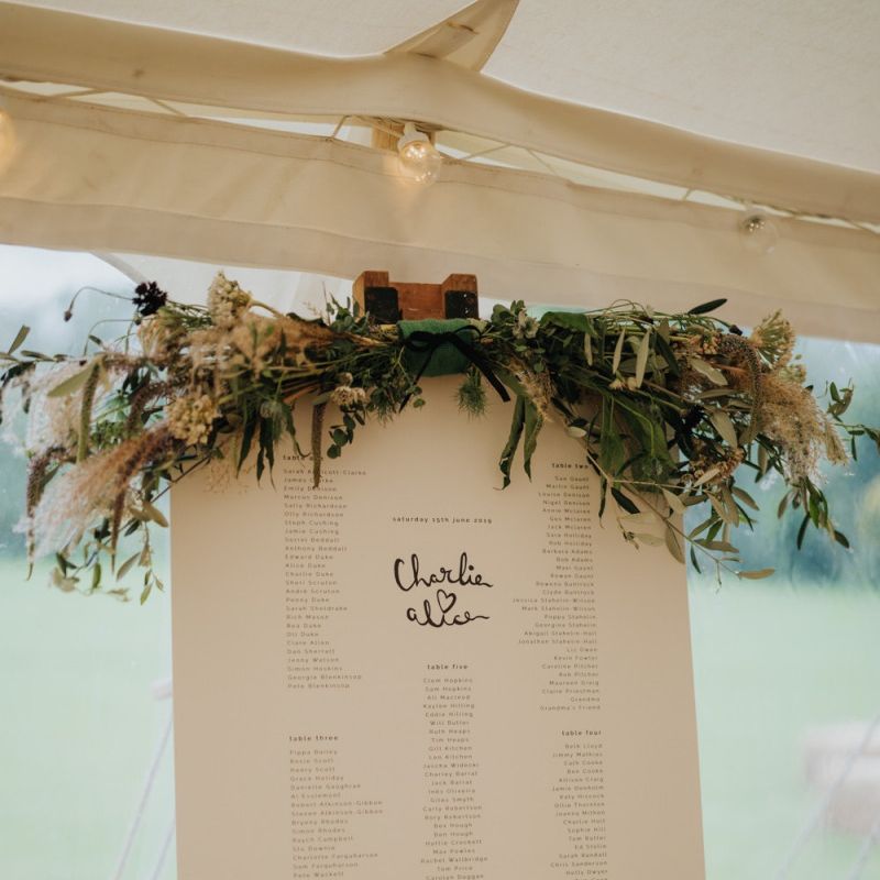 Table plan with white foliage decor at marquee reception