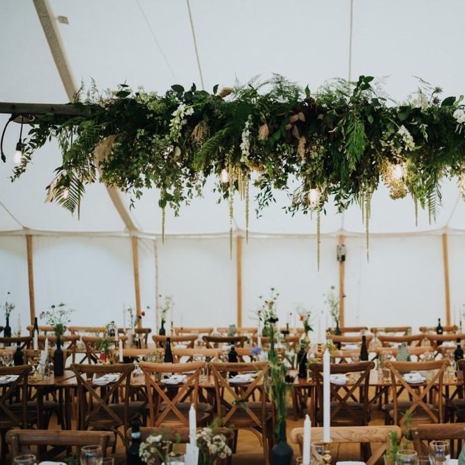 Hanging white floral and foliage decor at Newburgh Priory