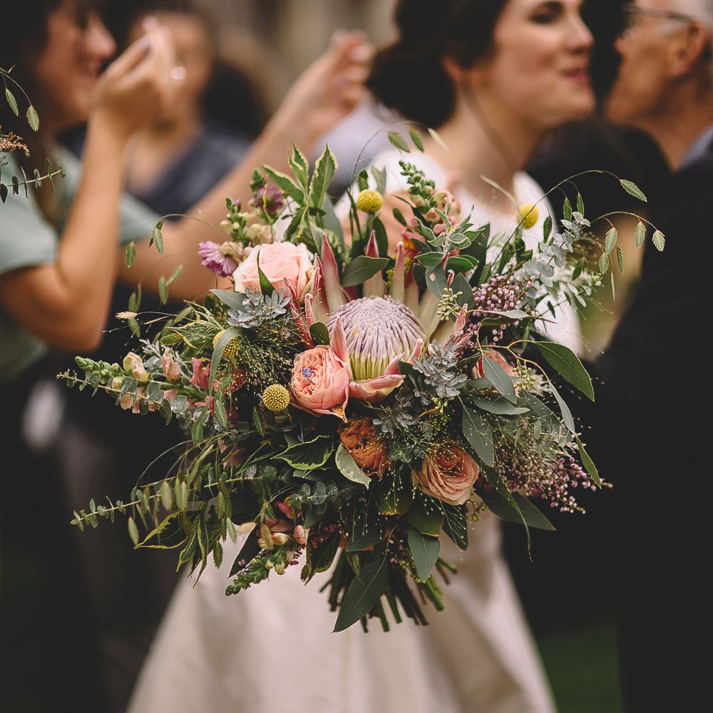 Pink King Protea Wedding Bouquet with Foliage