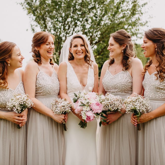 Bridal Party | Bridesmaids in Taupe Dresses with Tulle &amp; Embellished Bodices | Bride in Halo &amp; Wren Wedding Dress | DIY Rustic Tipi Wedding at Riverhill Gardens, Sevenoaks | Frances Sales Photography