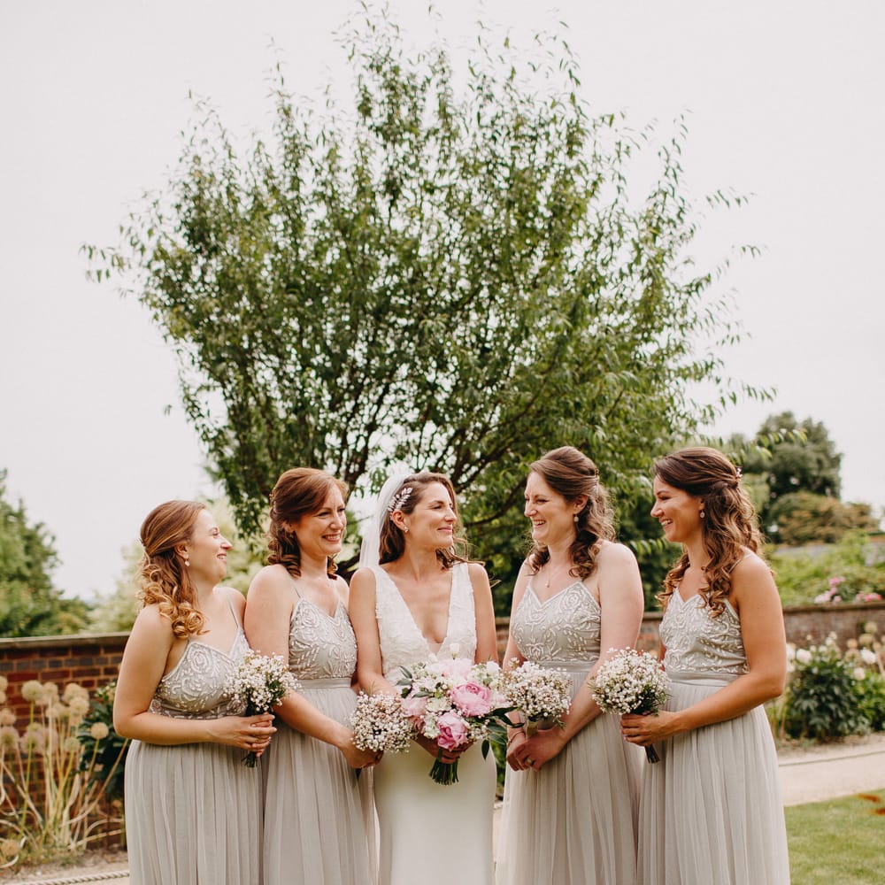 Bridal Party | Bridesmaids in Taupe Dresses with Tulle &amp; Embellished Bodices | Bride in Halo &amp; Wren Wedding Dress | DIY Rustic Tipi Wedding at Riverhill Gardens, Sevenoaks | Frances Sales Photography