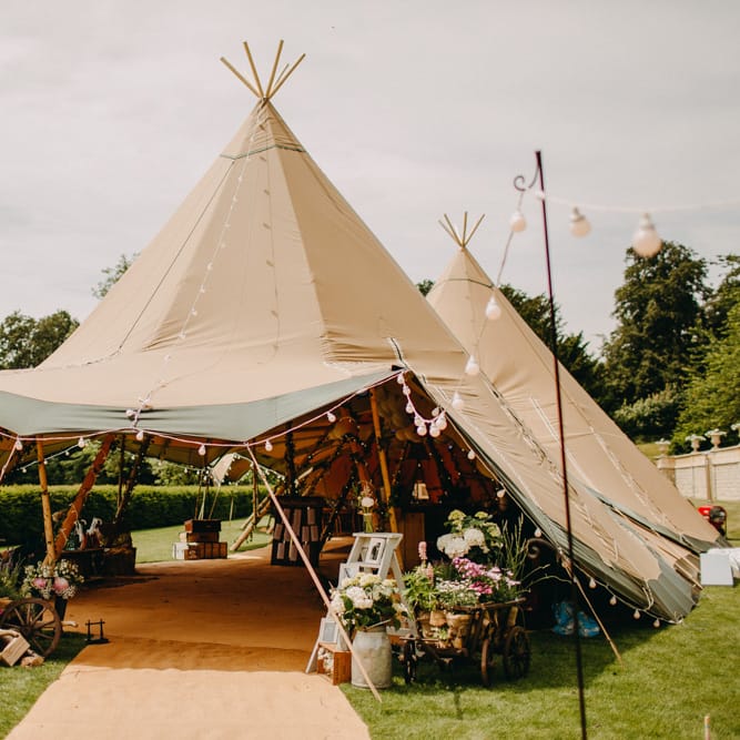 Festoon Lights | Milk Churns, Vintage Step Ladders | Wedding Decor | DIY Rustic Tipi Wedding at Riverhill Gardens, Sevenoaks | Frances Sales Photography