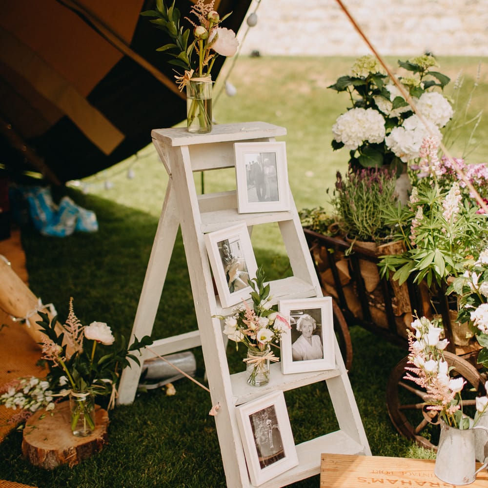 Family Portrait Step Ladder Wedding Decor | DIY Rustic Tipi Wedding at Riverhill Gardens, Sevenoaks | Frances Sales Photography