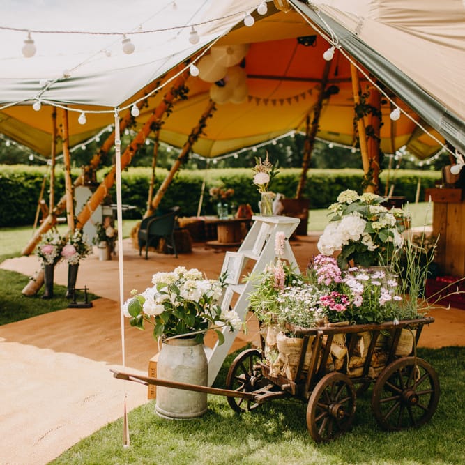 Festoon Lights | Milk Churns, Vintage Step Ladders | Wedding Decor | DIY Rustic Tipi Wedding at Riverhill Gardens, Sevenoaks | Frances Sales Photography