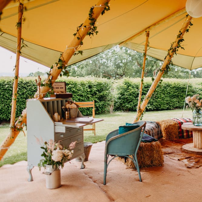 Vintage Dresser Guest Book Table | Hay Bale Seating Area | Wedding Decor | DIY Rustic Tipi Wedding at Riverhill Gardens, Sevenoaks | Frances Sales Photography