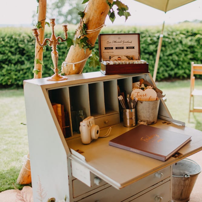 Vintage Writing Desk Guest Book Area | Wedding Decor | DIY Rustic Tipi Wedding at Riverhill Gardens, Sevenoaks | Frances Sales Photography