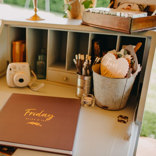 Vintage Writing Desk Guest Book Area | Wedding Decor | DIY Rustic Tipi Wedding at Riverhill Gardens, Sevenoaks | Frances Sales Photography