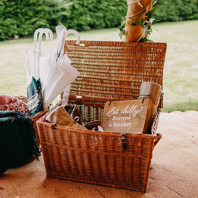 Wicker Basket Blanket Box | Wedding Decor | DIY Rustic Tipi Wedding at Riverhill Gardens, Sevenoaks | Frances Sales Photography