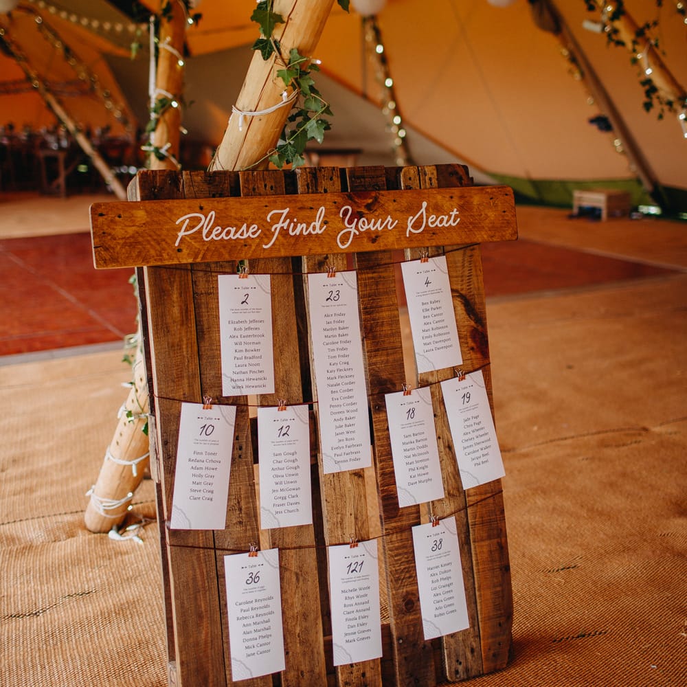 Wooden Palette Table Plan | Wedding Decor | DIY Rustic Tipi Wedding at Riverhill Gardens, Sevenoaks | Frances Sales Photography
