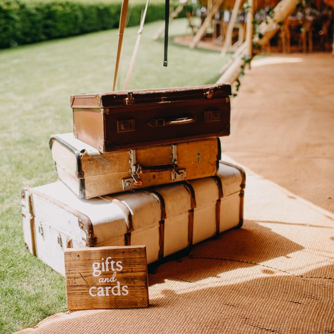 Vintage Suit Case Wedding Gifts &amp; Cards Box | Wedding Decor | DIY Rustic Tipi Wedding at Riverhill Gardens, Sevenoaks | Frances Sales Photography